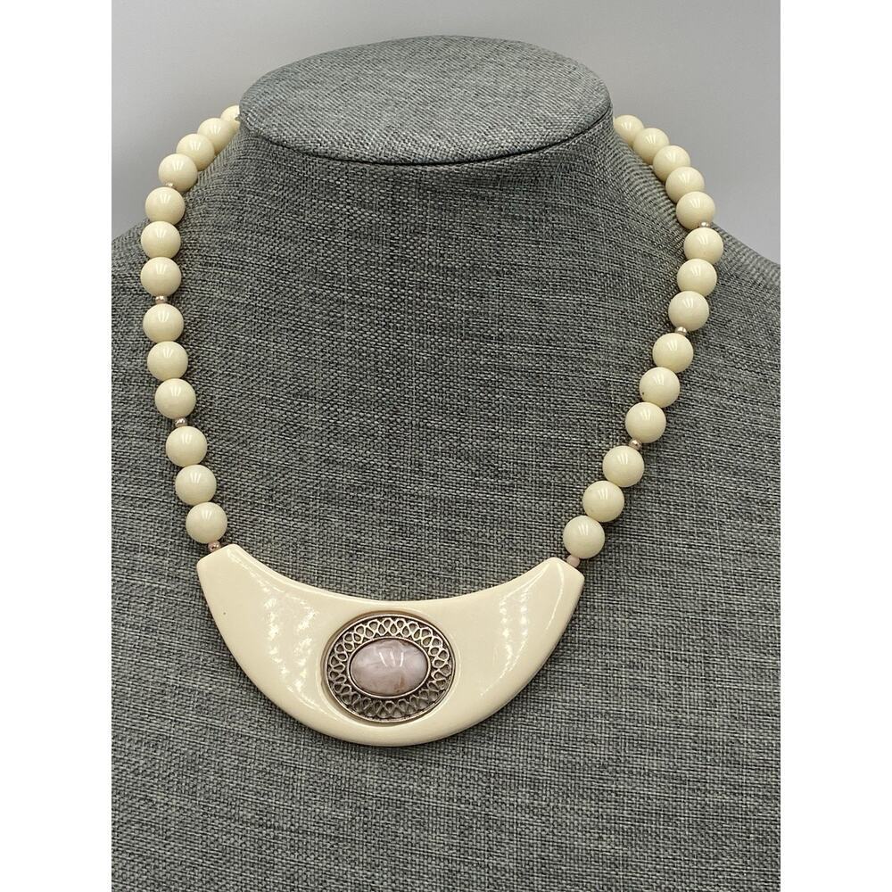 Vintage Necklace Lucite Bib Cream Beaded Marble Pink Glass Estate 18”